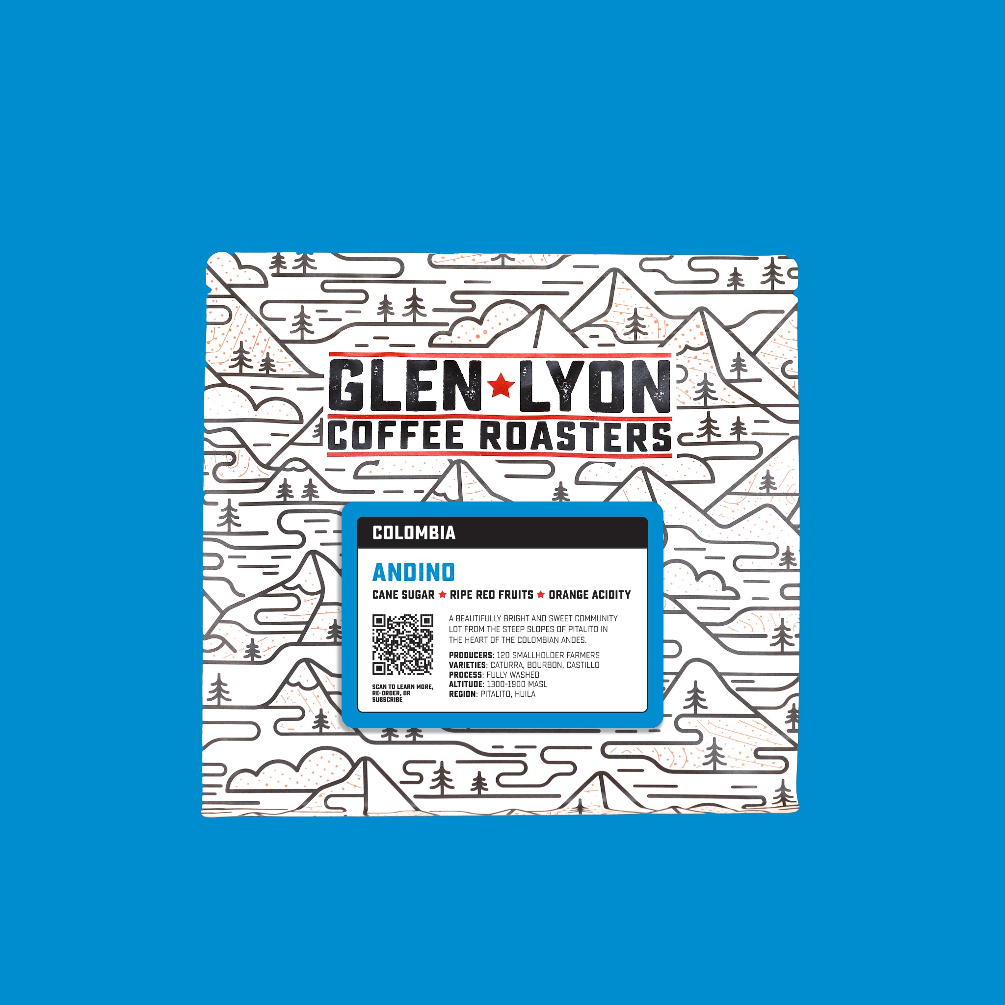 A 250g bag of Colombia Andino speciality coffee from Glen Lyon Coffee Roasters with a blue background