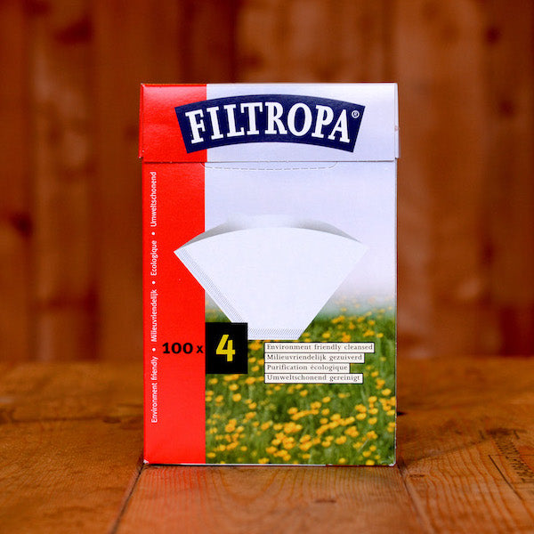 A box of Filtropa filter papers on a wooden table