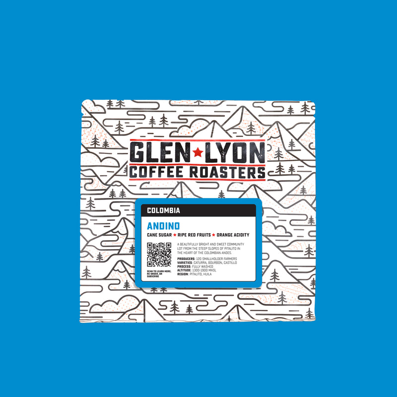 A 250g bag of Andino from Glen Lyon Coffee Roasters coffee with a coloured blue background which matches the label.