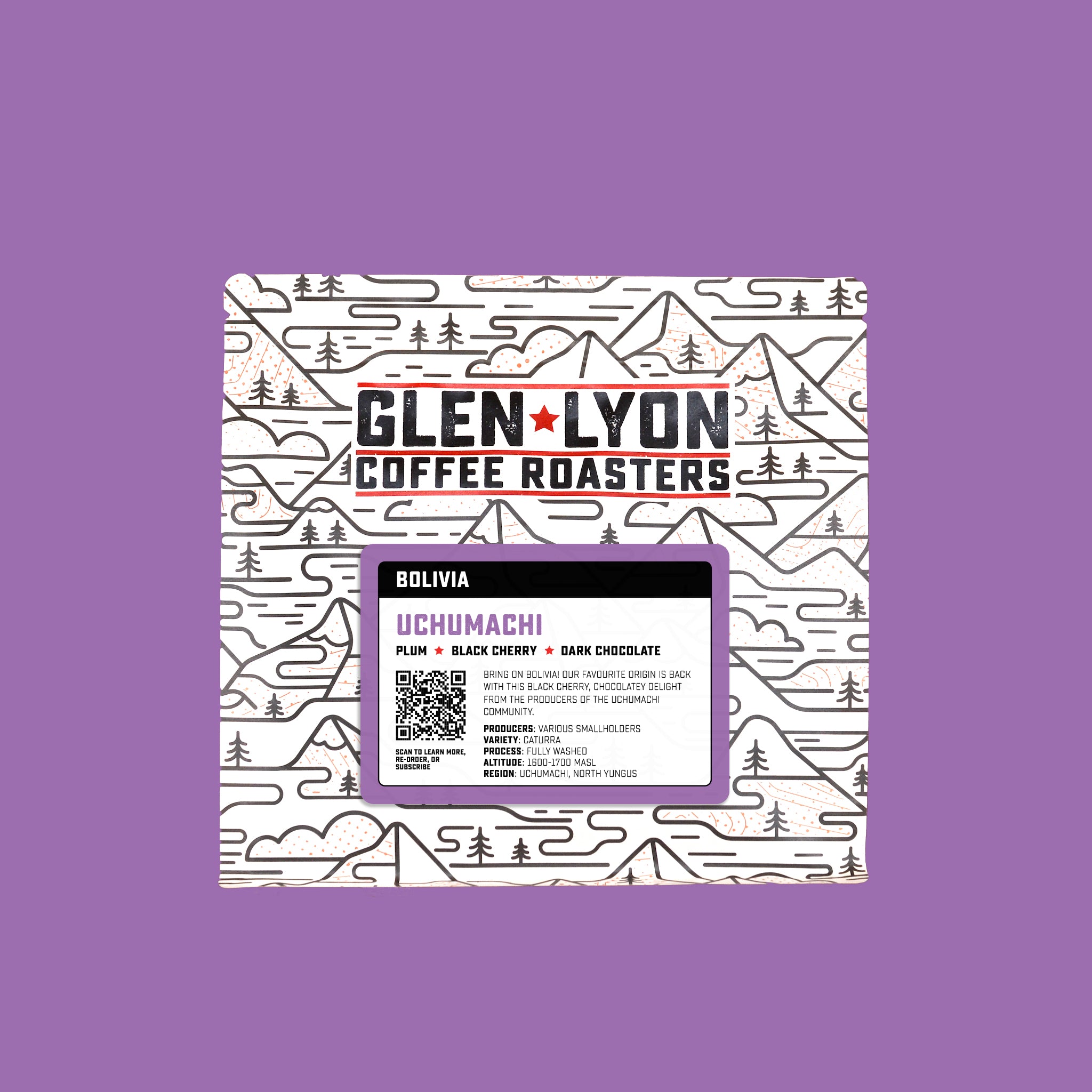 Purple Bolivia Uchumachi information sticker on a Glen Lyon branded coffee bag, with a solid purple coloured background.