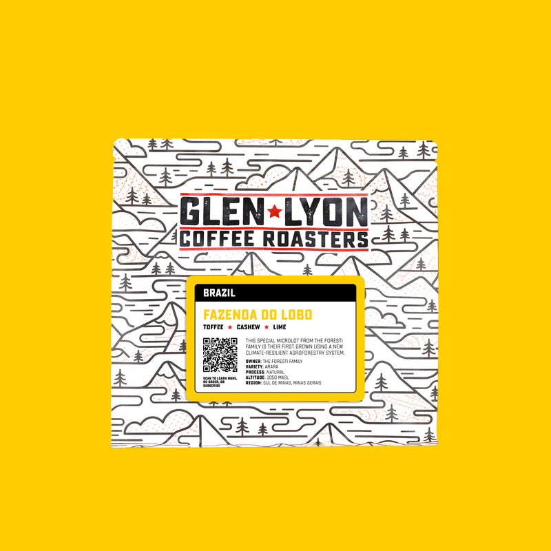 A 250g bag of Fazenda do Lobo from Glen Lyon Coffee Roasters coffee with a yellow background which matches the label.