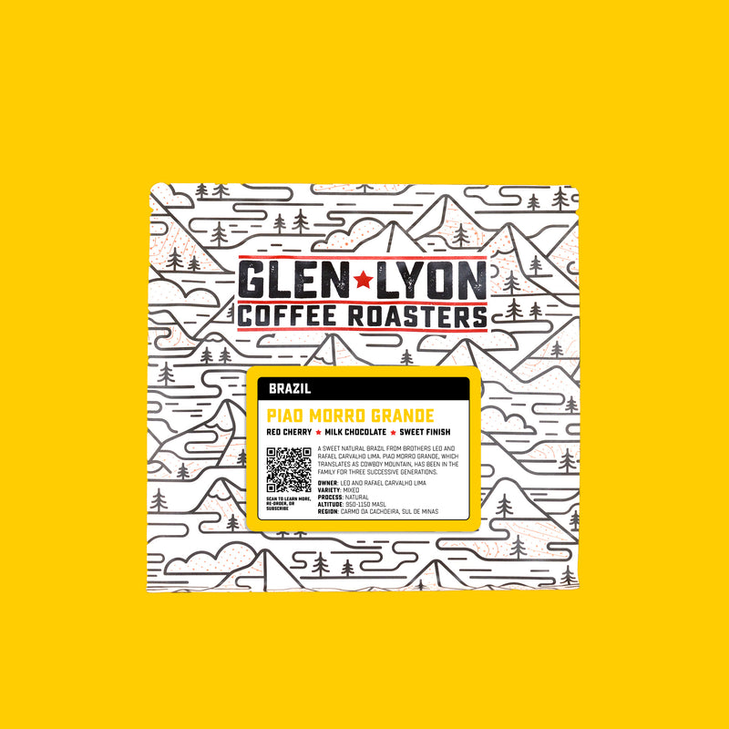 A 250g bag of Piao Morro Grande from Glen Lyon Coffee Roasters coffee with a coloured yellow background matching the label.