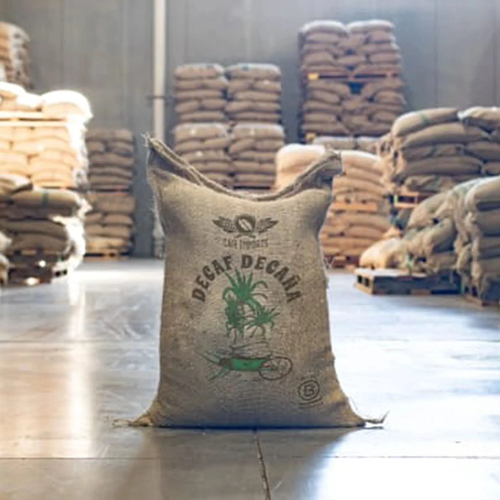 Decaf coffee sack in front of many other coffee sacks