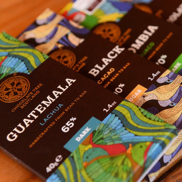 Closeup of several Chocolate Tree chocolate bars on a table at the Glen Lyon Coffee roastery cafe