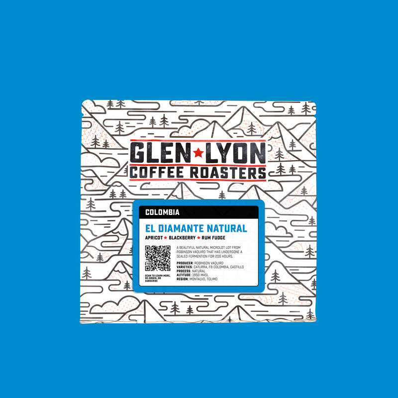 A 250g bag of El Diamante from Glen Lyon Coffee Roasters coffee with a coloured blue background which matches the label.