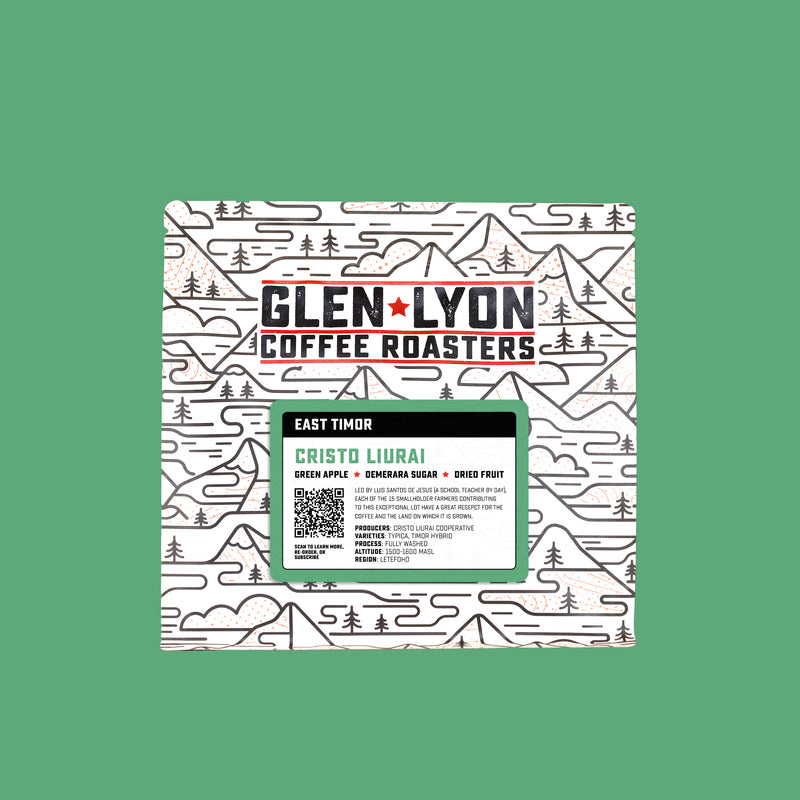 A 250g bag of Cristo Liurai from Glen Lyon Coffee Roasters coffee with a coloured green background which matches the label.