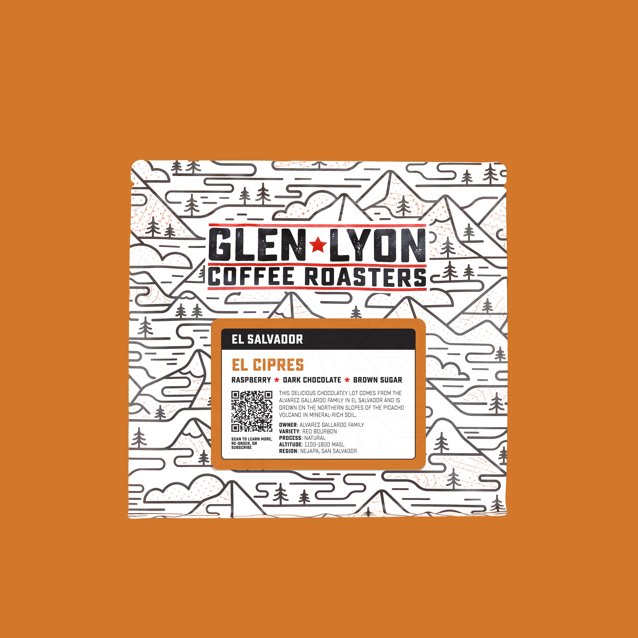 El Cipres stickered coffee bag on orange background