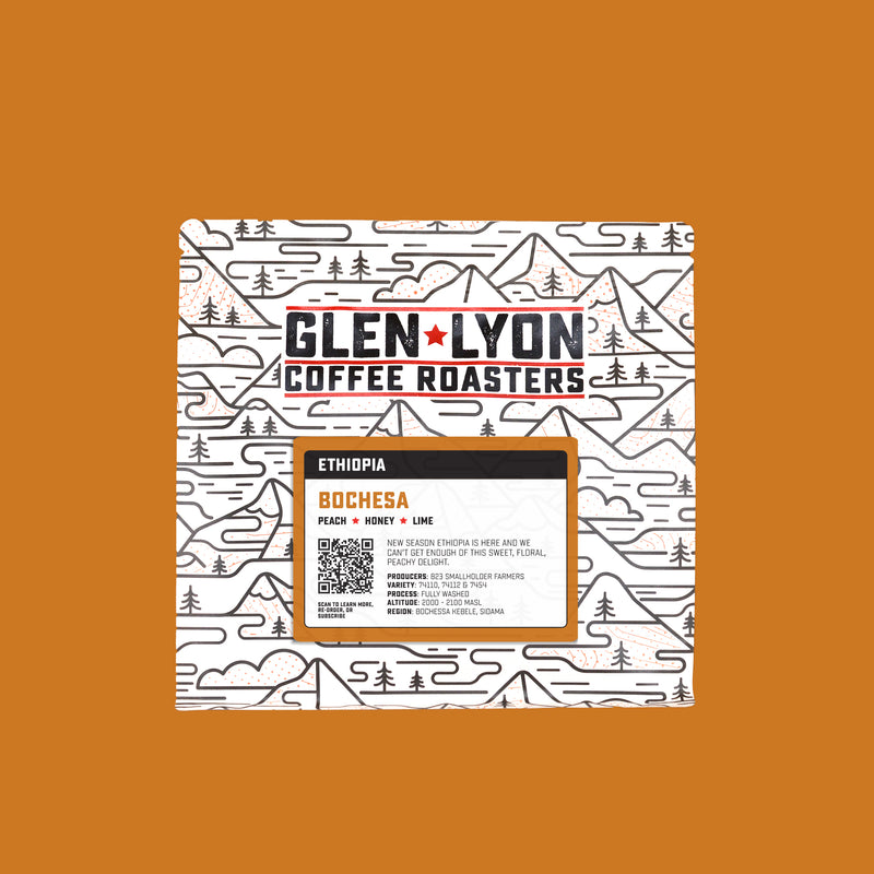 A 250g bag of Bochesa from Glen Lyon Coffee Roasters coffee with a coloured orange background which matches the label.