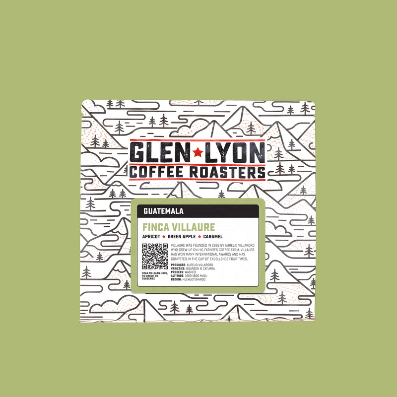 A 250g bag of Finca Villaure from Glen Lyon Coffee Roasters coffee with a coloured green background which matches the label.