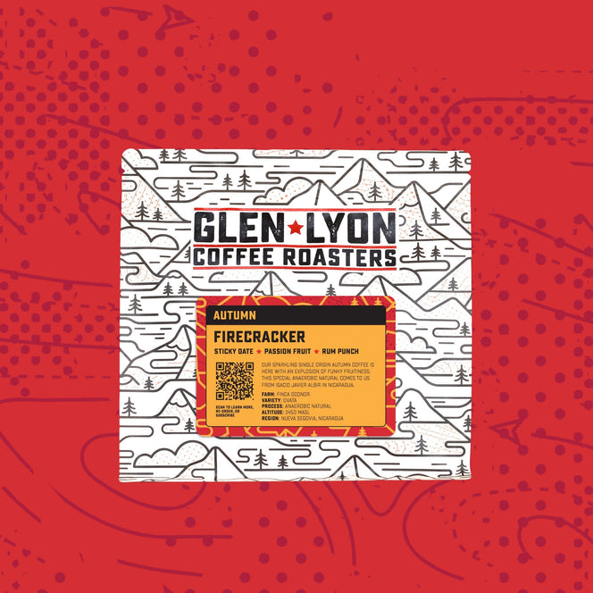 A 250g bag of Autumn Firecracker from Glen Lyon Coffee Roasters coffee with a red background which matches the label.