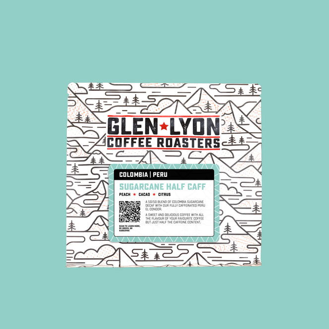 A 250g bag of Half Caff from Glen Lyon Coffee Roasters coffee with a coloured blue background which matches the label.