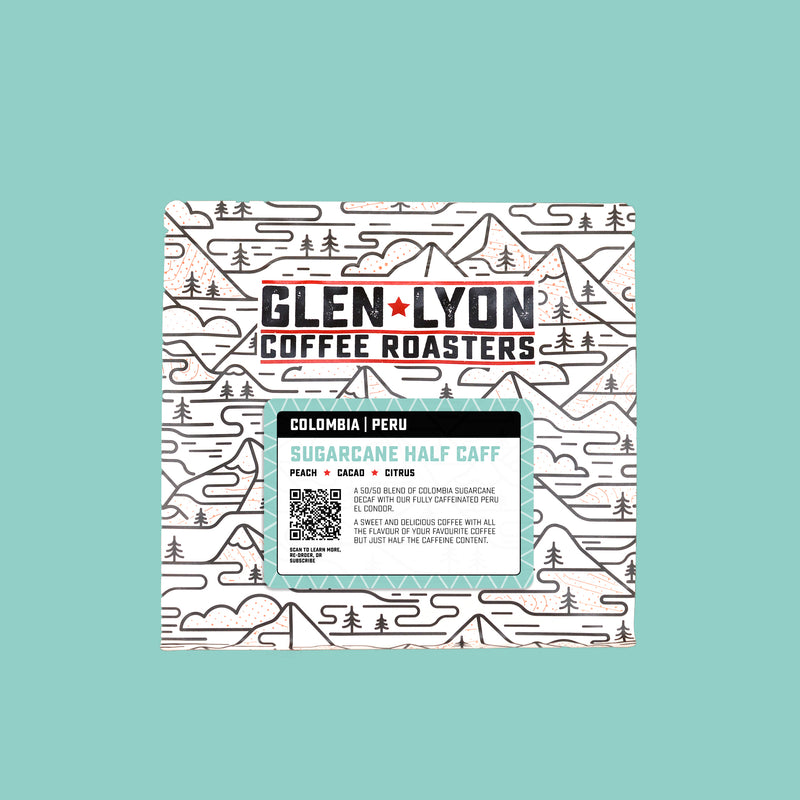 A 250g bag of Half Caff from Glen Lyon Coffee Roasters coffee with a coloured blue background which matches the label.