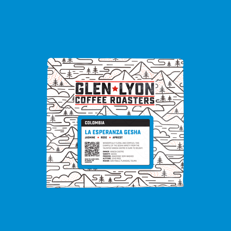 A 250g bag of La Esperanza from Glen Lyon Coffee Roasters coffee with a coloured blue background which matches the label.