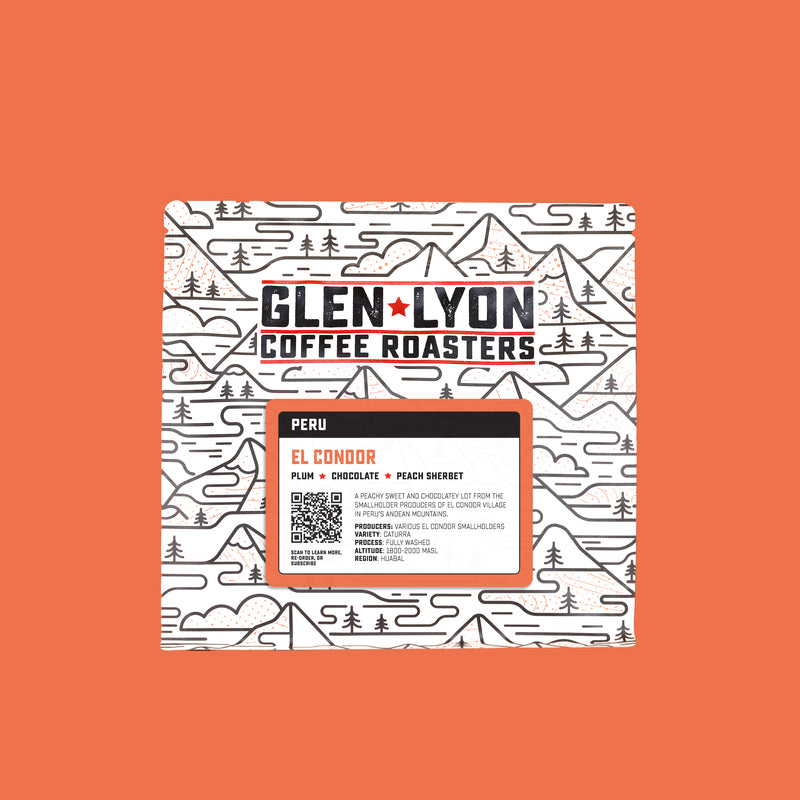 A 250g bag of El Condor from Glen Lyon Coffee Roasters coffee with a coloured orange background which matches the label.