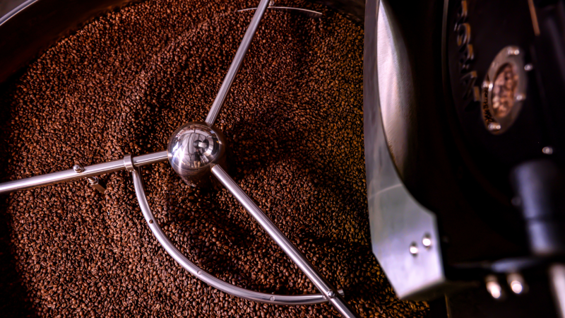 Mobile shot of the Glen Lyon Coffee Roasters' Probat speciality coffee roasting machine from above with coffee in the cooling tray