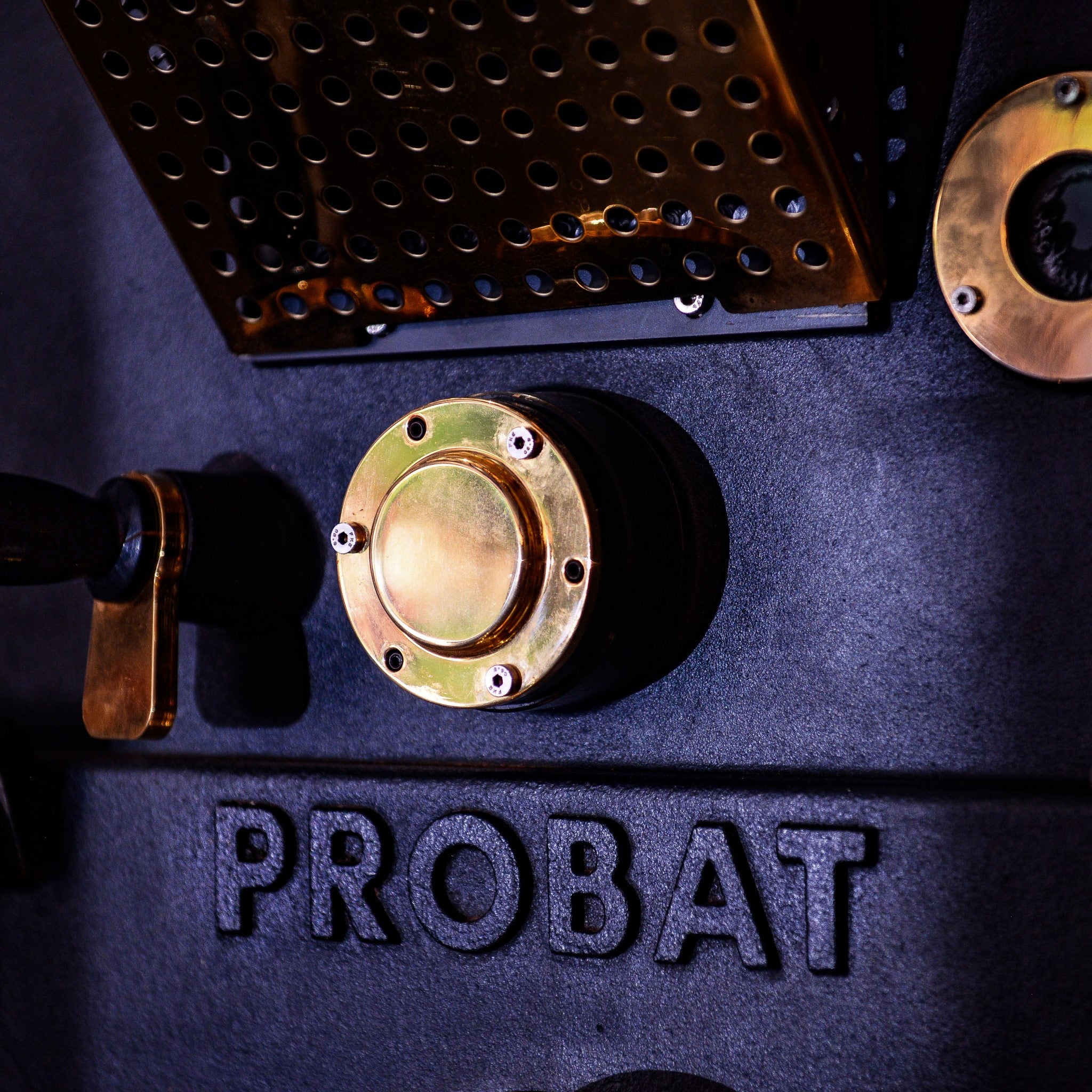 A close up of a Probat speciality coffee roasting machine 
