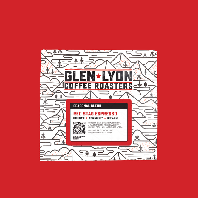 A 250g bag of Red Stag Espresso from Glen Lyon Coffee Roasters coffee with a red background which matches the label.