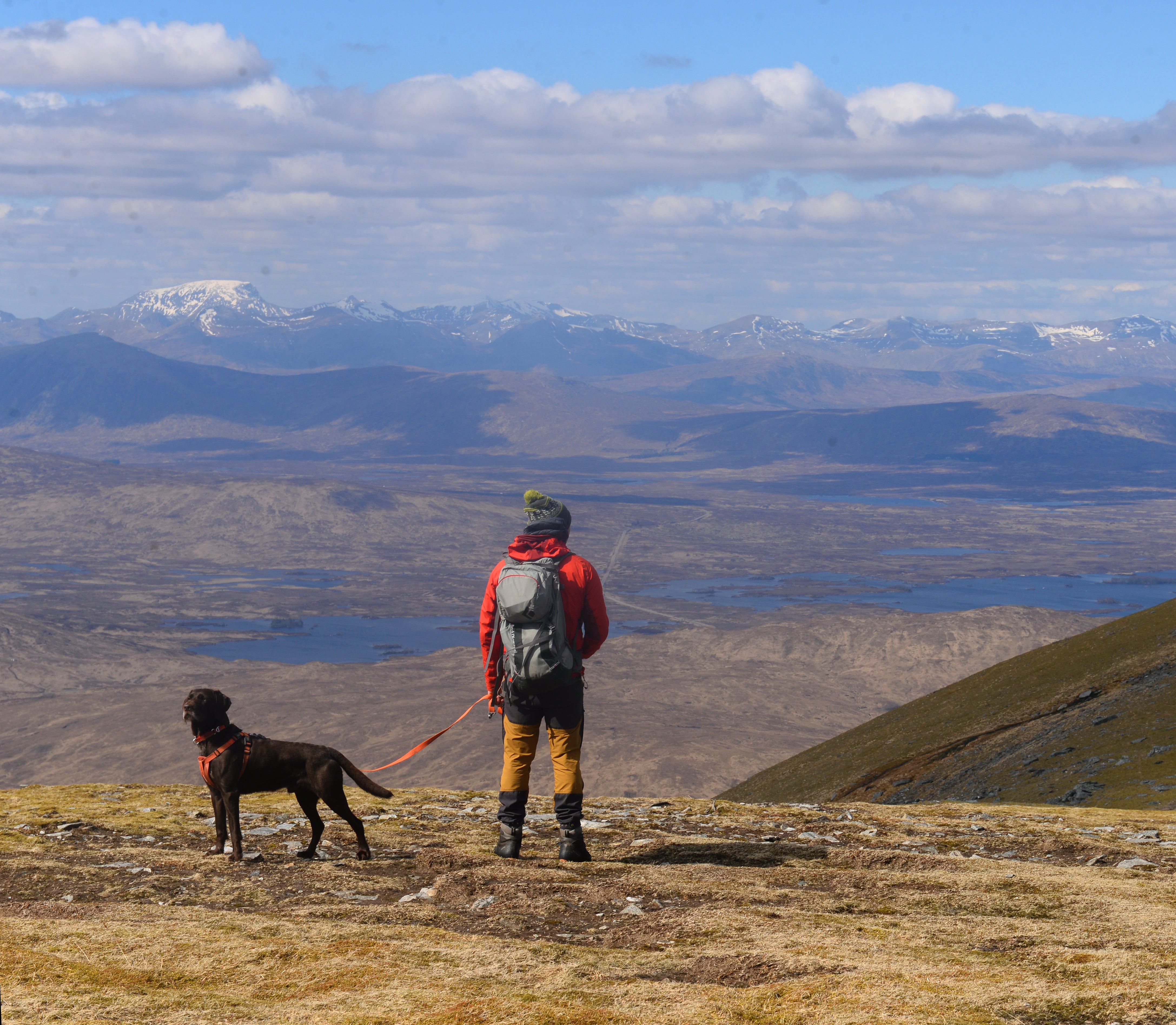 Man wearing backpack looking out over hills with black dog.