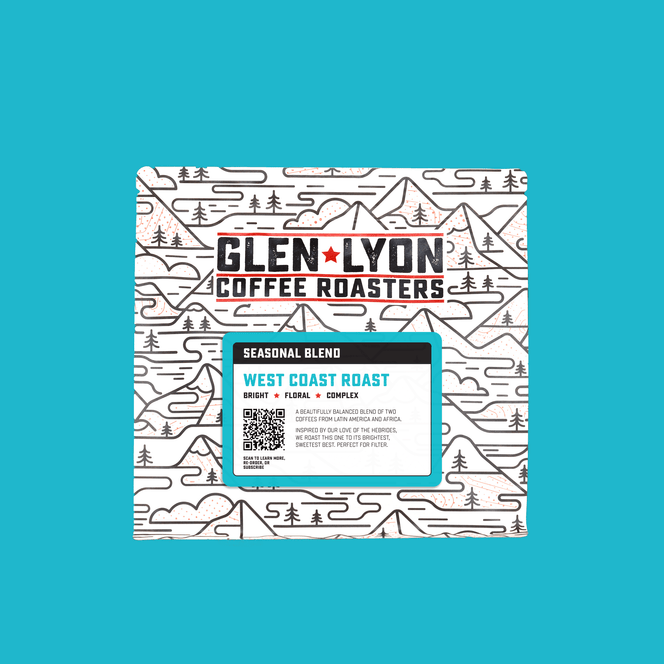 A 250g bag of West Coast Roast from Glen Lyon Coffee Roasters coffee with a coloured blue background which matches the label.