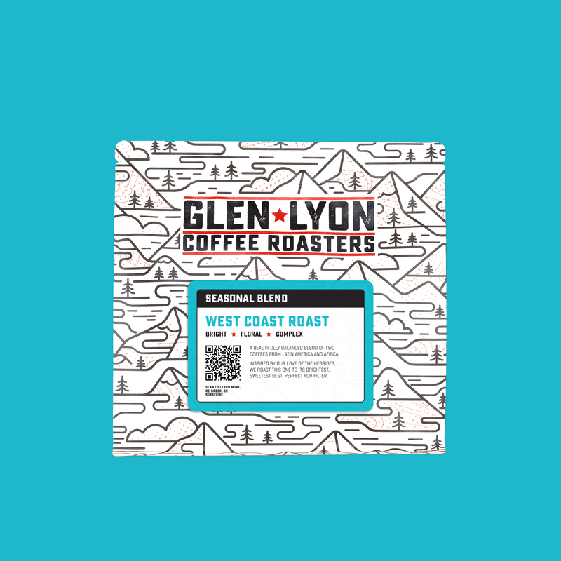 A 250g bag of West Coast Roast from Glen Lyon Coffee Roasters coffee with a coloured blue background which matches the label.