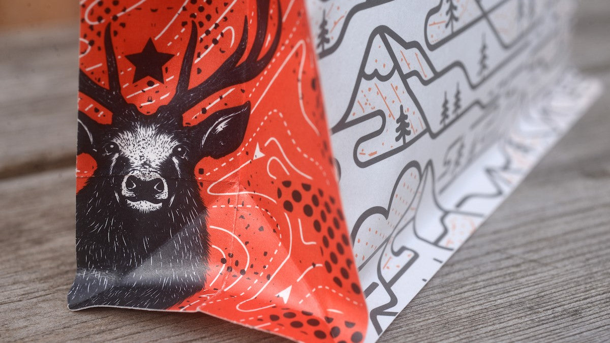 Closeup of a Glen Lyon Coffee compostable bag gusset