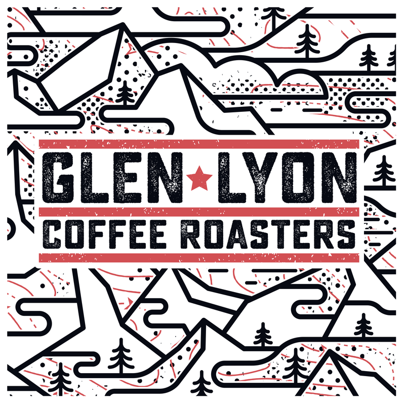 Glen Lyon Coffee Roasters logo amongst black and white mountain and tree line drawing design.