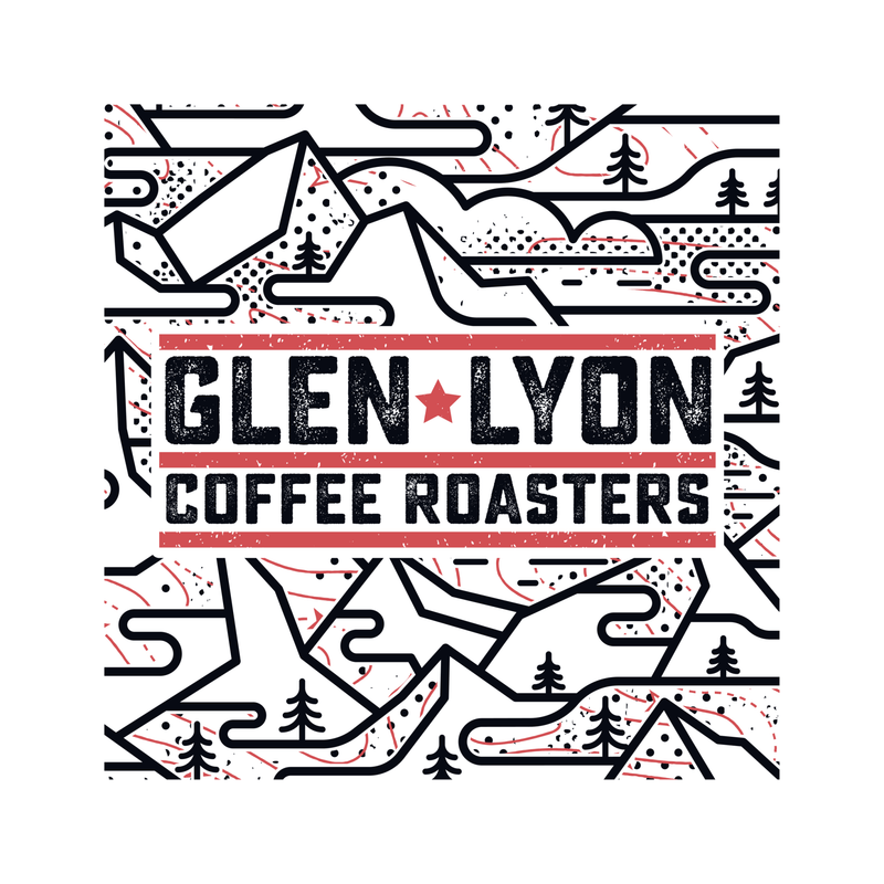 Glen Lyon Coffee Roasters logo amongst black and white mountain and tree line drawing design.